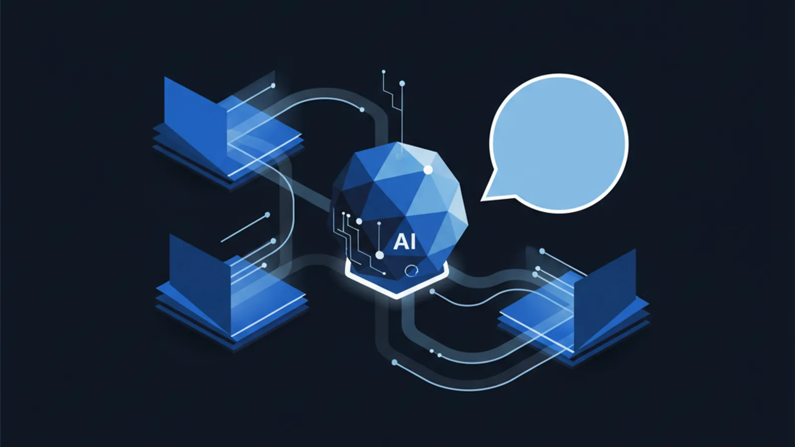 RAG という AI の仕組みを本棚と問答のモチーフで象徴する抽象ビジュアル